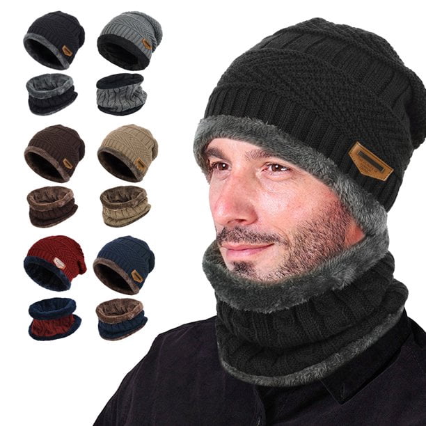 2-Pieces Winter Beanie Hat Scarf Set Fleece Lining Warm Knit Thick Knit Skull Cap for Mens & Womens 